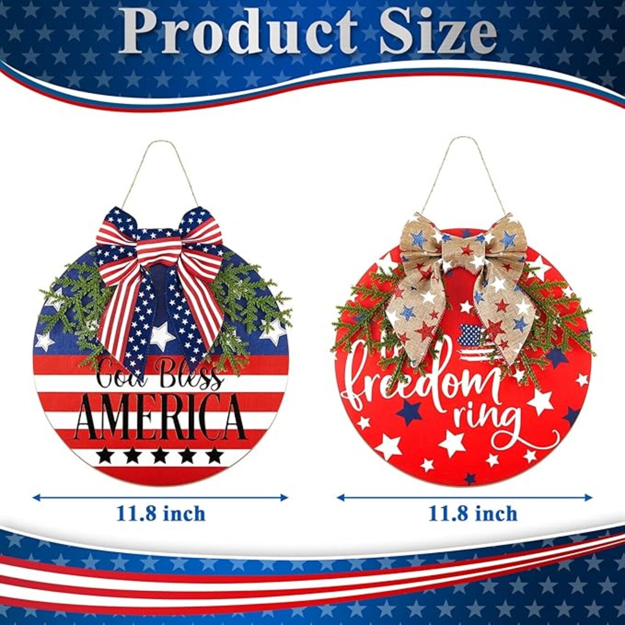 4th of July Welcome Door Sign Set, 2PCS Patriotic Round Wood Hanging Signs for Front Door, Porch, Wall & Window Independence Day Decorations